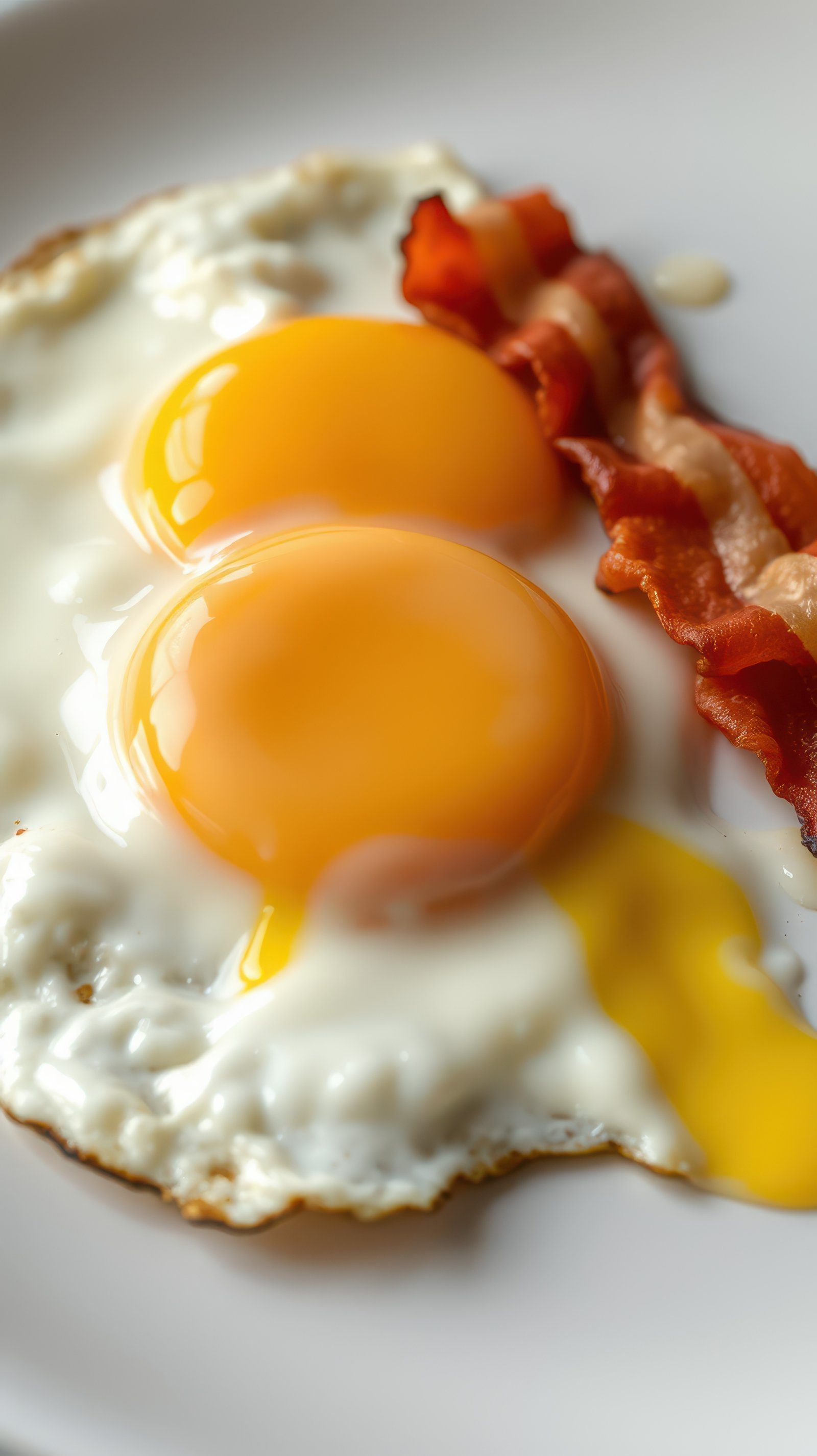 Delicious breakfast of sunny side up eggs and crispy bacon on a white plate